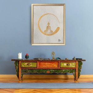 GOLD BUDDHA , Wall art decor, enso gold, acquarello fatto a mano, pittura zen