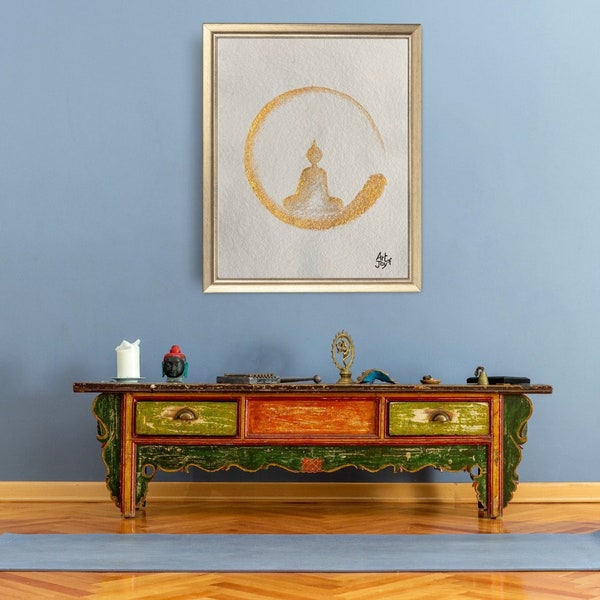 BOUDDHA D'OR, Décor d'art mural, or enso, aquarelle faite à la main, peinture zen