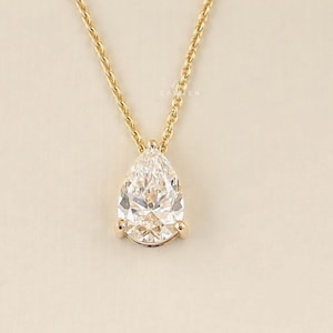 Pear Cut Lab Grown Diamond Solitaire Necklace, Prong Set Diamond Wedding Necklace, CVD Diamond Bridal Necklace, 14K Solid Gold Necklace