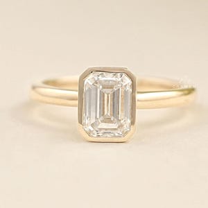 Emerald Cut Lab Grown Diamond Bezel Set Ring, 14K Solid Gold Solitaire Diamond Wedding Ring, Eco Friendly Diamond Engagement Ring For Her