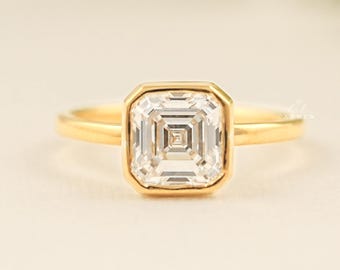 Asscher Cut Lab Grown Diamond Solitaire Engagement Ring, 14K Solid Gold Bezel Set Diamond Ring, Eco Friendly Diamond Wedding Ring For Her