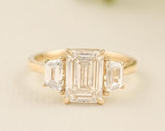 Emerald Cut Lab Grown Diamond Ring, 14K Gold Trapezoid Trilogy Ring