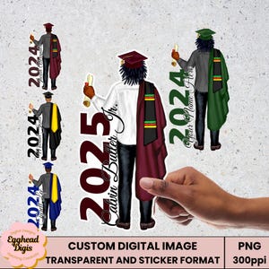 Aangepaste digitale afbeelding | Clipart | Gepersonaliseerde afgestudeerde man met naam en jaar: kleur naar keuze van huid, haar, pet en toga - HBCU-staloptie