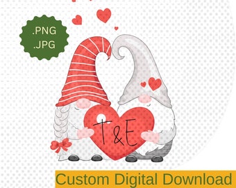 Gnomes Holding Personalized Heart - Custom Digital Download - 300ppi; Valentine's Day Digital Image, Printable for Tags, Bags, Favors, Notes