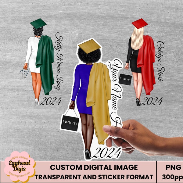 Custom Digital Image | Clipart - Personalized Female Graduate holding handbag or stethoscope - choose skin tone, hair, cap and gown colors