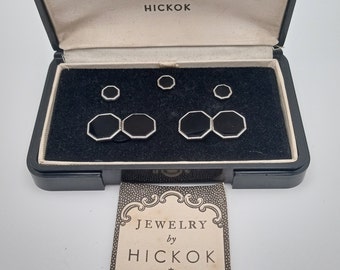 Vintage Hickok Cuff Links And Shirt Studs In Original Bakelite Storage Box With Paperwork
