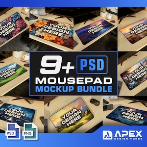 May include: A mockup bundle of 9+ mousepads with different designs. The mousepads are shown on various surfaces, including desks and tables. The text "9+ PSD Mousepad Mockup Bundle" is displayed in the center of the image.