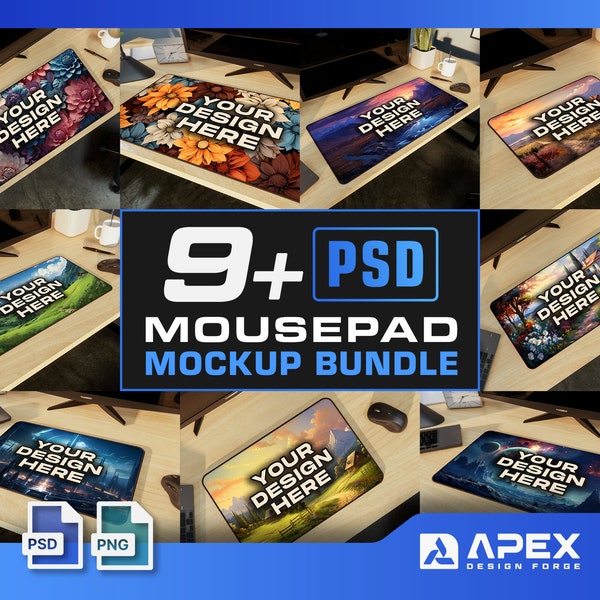 9 Mouse Pad Mockup Bundle, 9 Printify Customizable Desk Mat Mockup, PSD Smart Objects Easy to Edit, POD Mousepad / Desk Mat Mockup