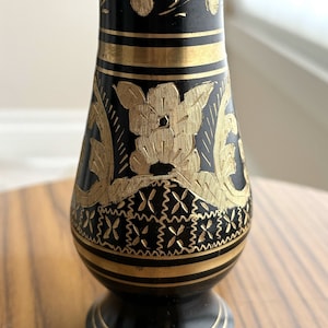 Vintage Pedestal Brass Vase, Black and Etched Florals, 6 Inches