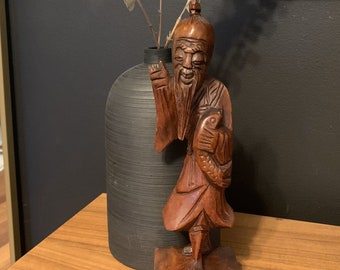 中国の木彫りの漁師の彫刻 - Etsy 日本