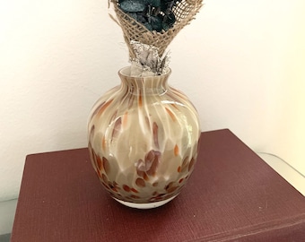 Vintage Small Cased Speckled Art Glass Vase With Brown, Orange, Taupe, Gold Colors
