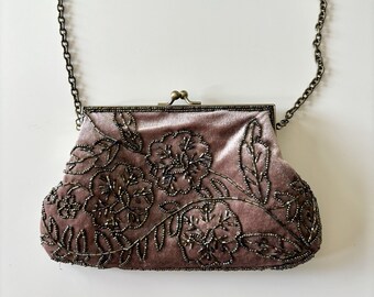 Vintage Perlen Handtasche Geldbörse mit Kettenriemen, Dusty Rose