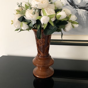 Vintage Hand Carved Wood Pedestal Vase, Flowers and Leaves