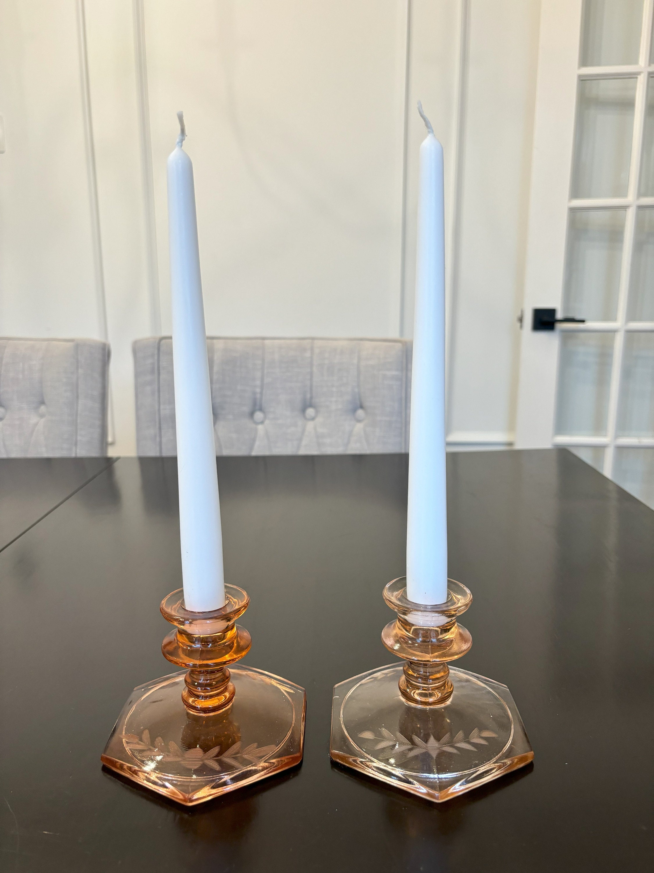 White Depression Glass Candel Holder Pink Depression Glass Candle Holders With Etched Florals, Set of 2 - Etsy