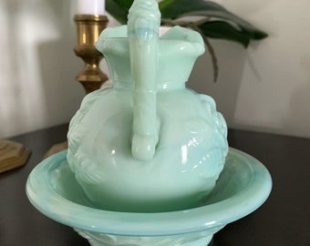 Vintage Avon Victoriana Green Jade Milk Glass Pitcher and Bowl - Etsy