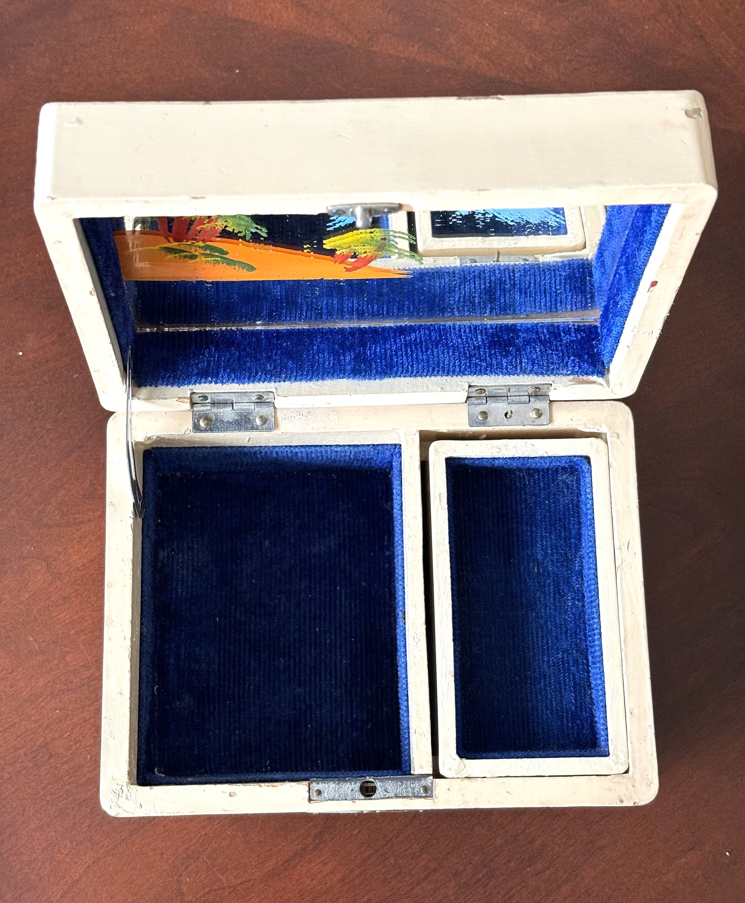Vintage 1950s Japanese Hand Painted Wood Jewelry Box and Music Box
