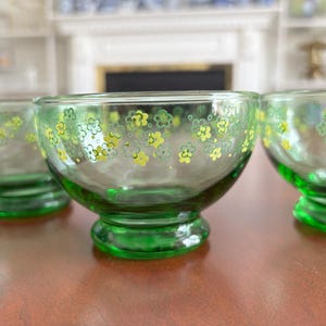 Vintage Dominion Glass Dessert Bowls, Green Glass With Green and Yellow Flowers, Set of 4, 1970s