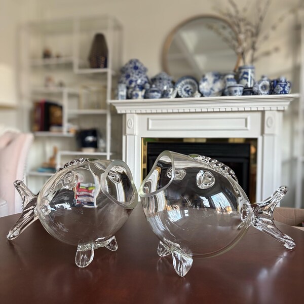 Vintage Blenko Style Clear Art Glass Fish Shaped Vase Bowl Terrarium, 1 Available