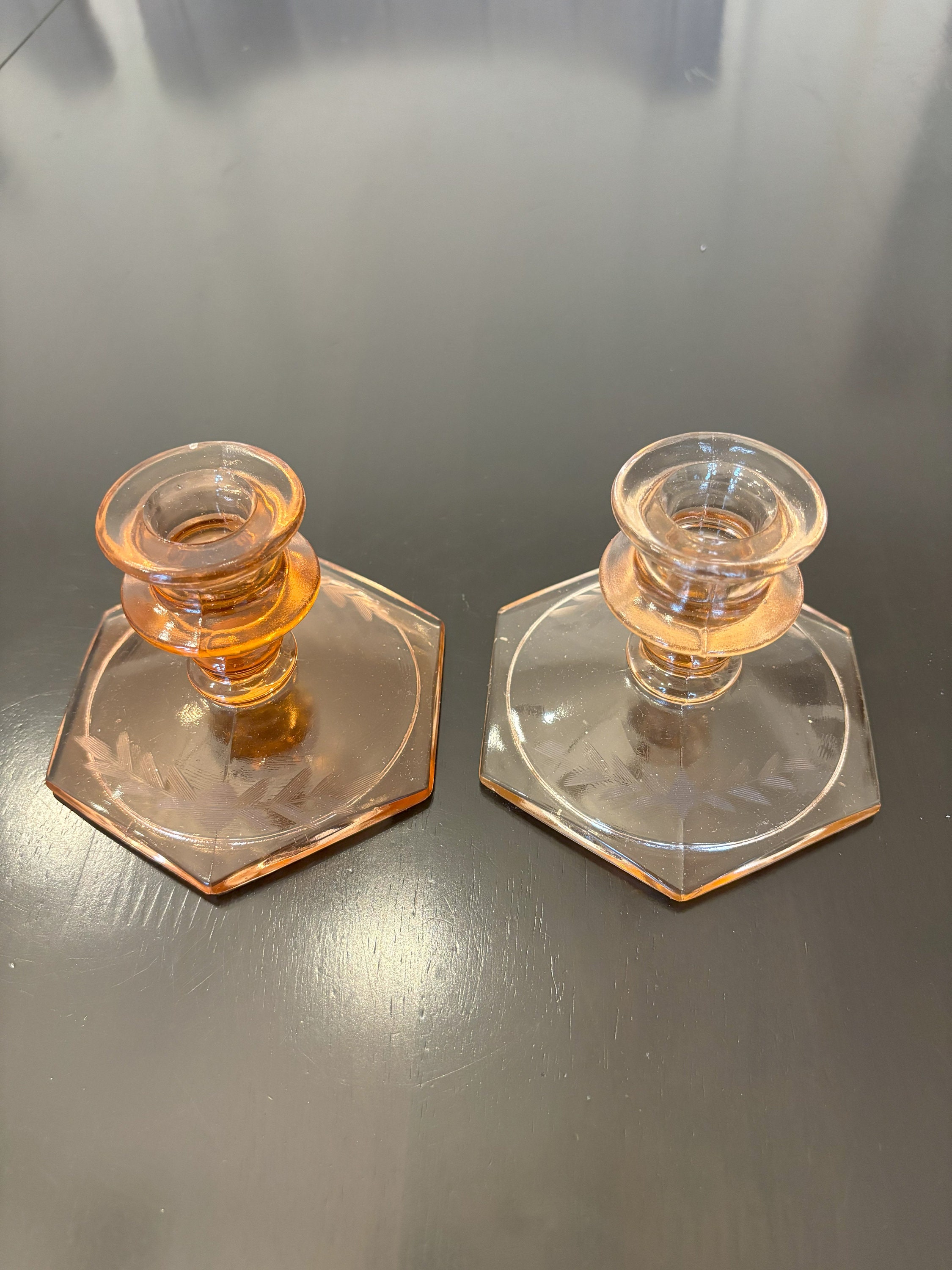 Pink Depression Glass Candle Holders With Etched Florals  Unique Vintage Pink Depression Glass Etched Candle Holders (Set of 2) main image 0
