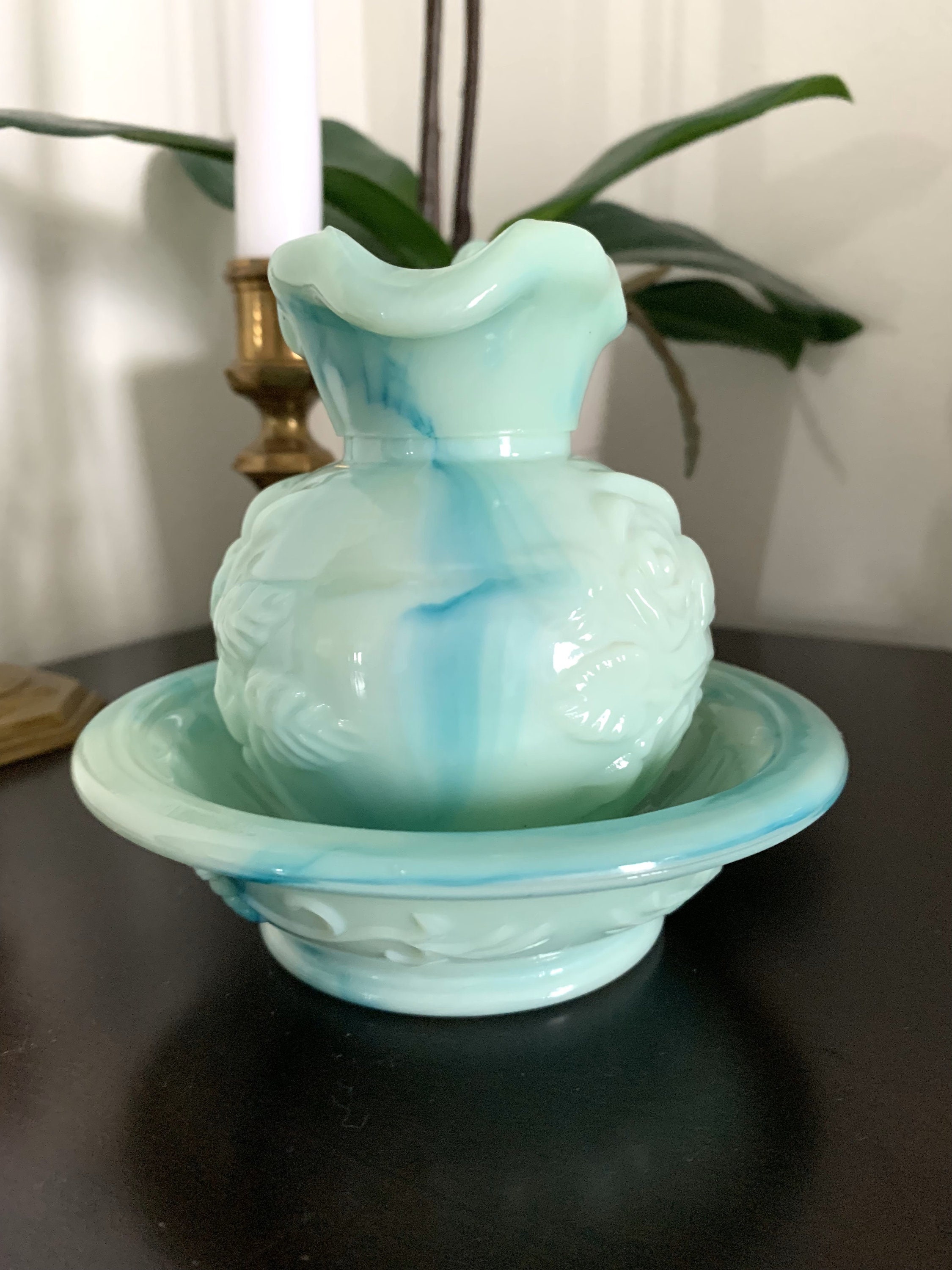 Vintage Avon Victoriana Green Jade Milk Glass Pitcher and Bowl - Etsy