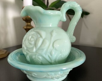 Vintage Avon Victoriana Grüne Jade Milchglas Krug und Schüssel