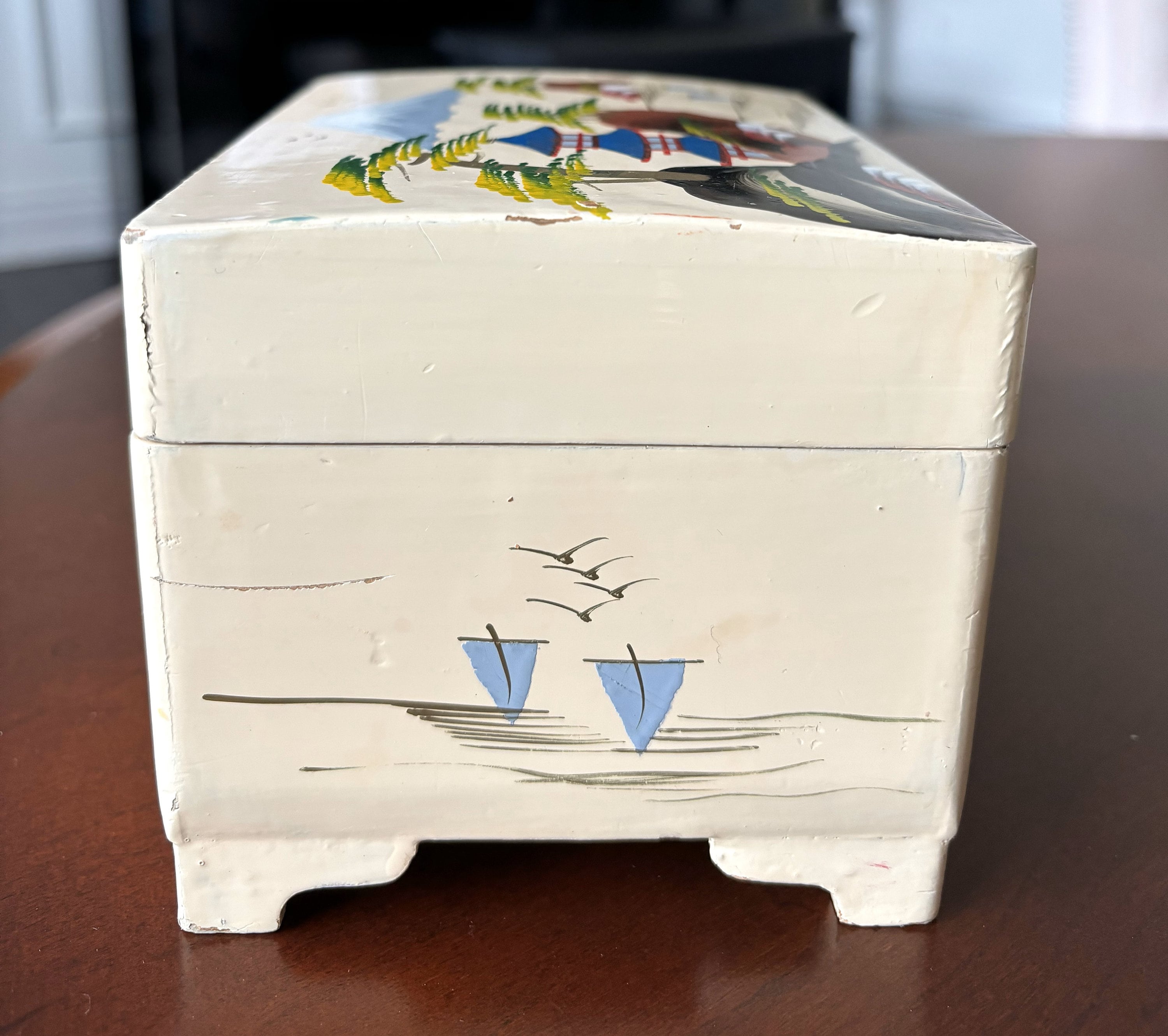 Vintage 1950s Japanese Hand Painted Wood Jewelry Box and Music Box