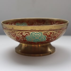 Vintage Brass Enamel Pedestal Bowl