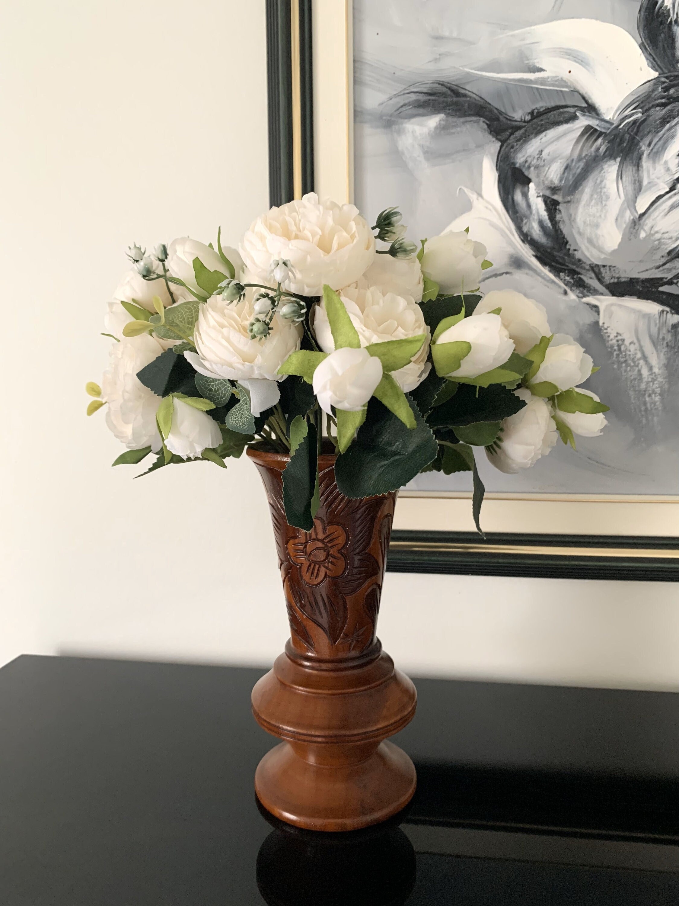 ヴィンテージ 手彫り 木製台座花瓶 花と葉 - Etsy 日本