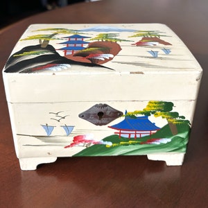 Vintage 1950s Japanese Hand Painted Wood Jewelry Box and Music Box