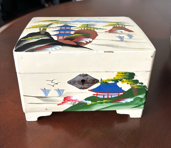 Vintage 1950s Japanese Hand Painted Wood Jewelry Box and Music Box