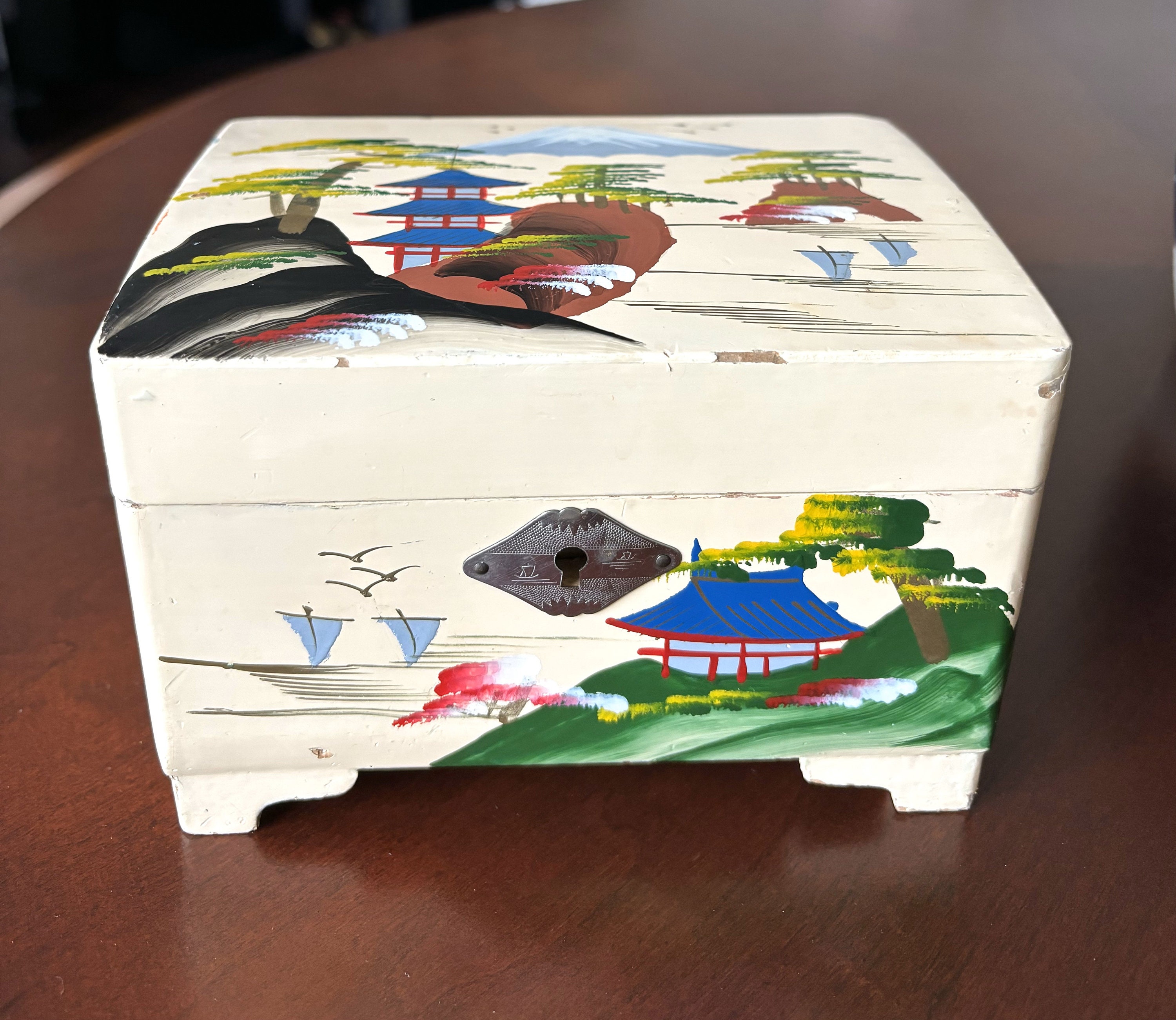 Vintage 1950s Japanese Hand Painted Wood Jewelry Box and