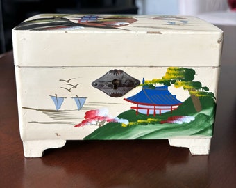 Vintage 1950s Japanese Hand Painted Wood Jewelry Box and Music Box
