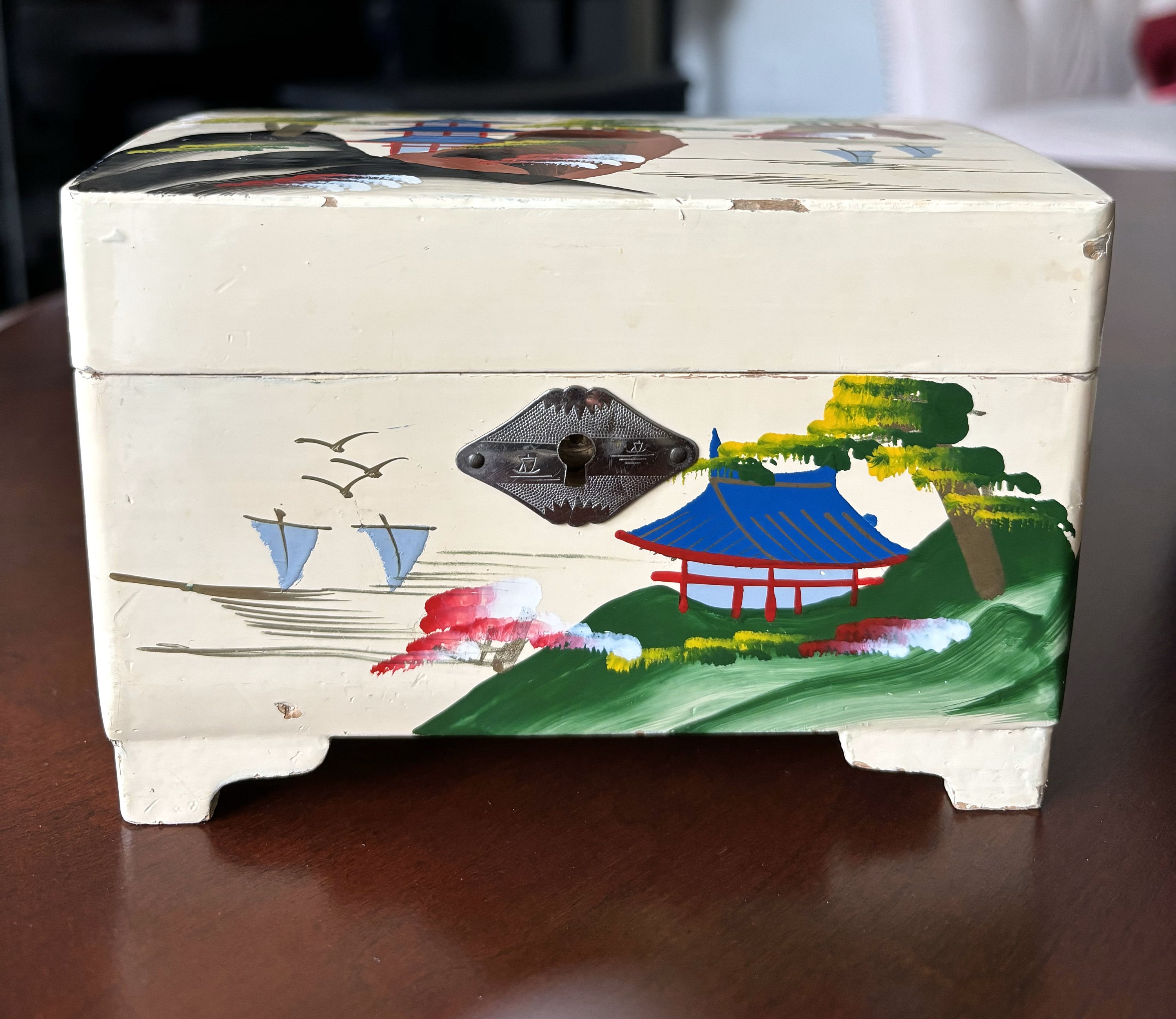 Vintage 1950s Japanese Hand Painted Wood Jewelry Box and Music Box