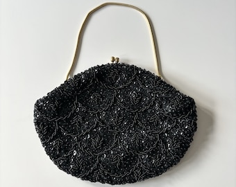 Bolso vintage con cuentas, negro, fabricado en Hong Kong, años 50