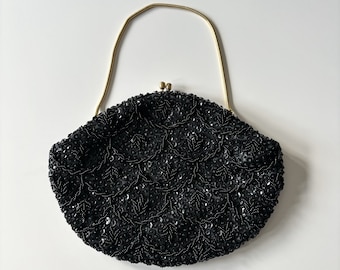 Vintage Beaded Bag Purse, Black, Made in Hong Kong, 1950s