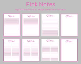 Printable Note Pages, Digital Download, 8 Pages, 3 Styles, Pink