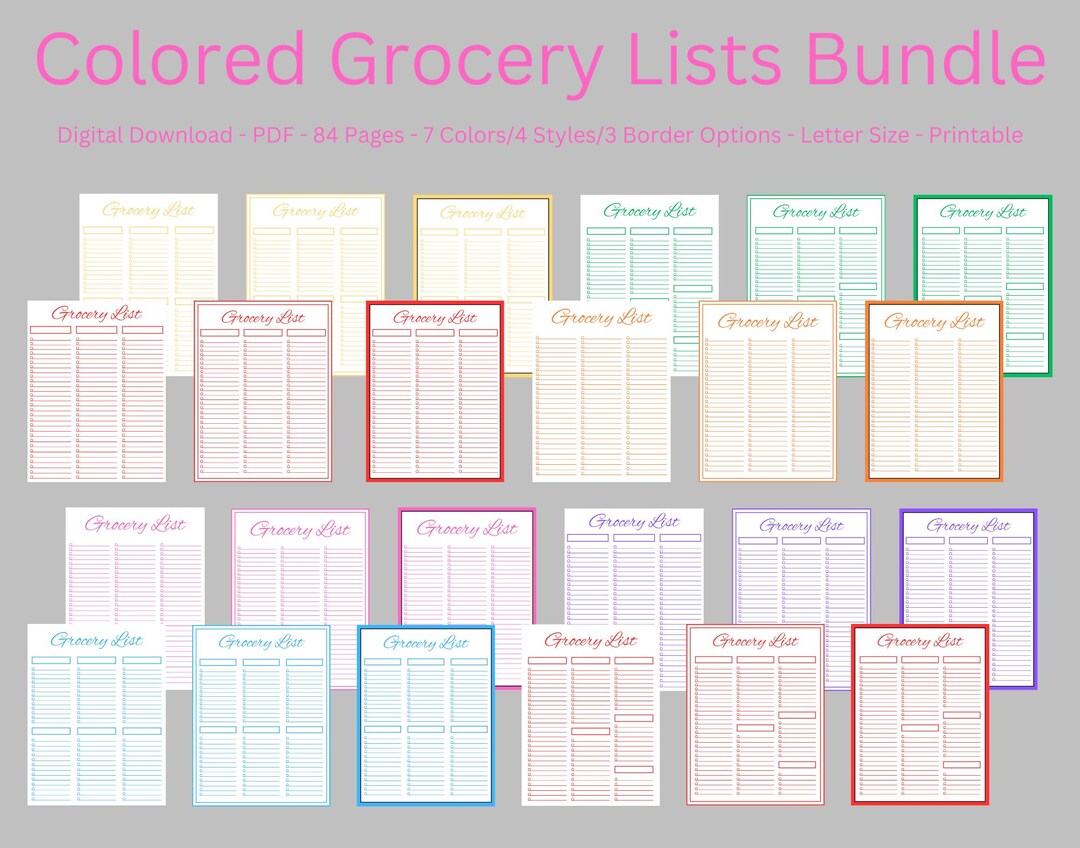 Printable Grocery Lists, Digital Download, 84 Pages, 7 Colors, 4 Styles ...