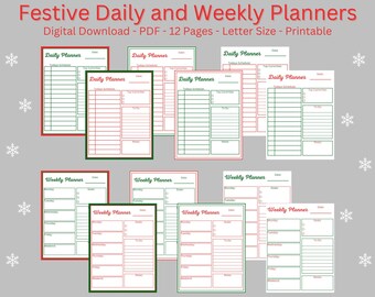 May include: Twelve printable pages of festive daily and weekly planners in red and green. The planners are designed for letter size paper.