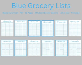 Printable Grocery Lists, Digital Download, 12 Pages, 4 Styles, 3 Different Border Options, Blue