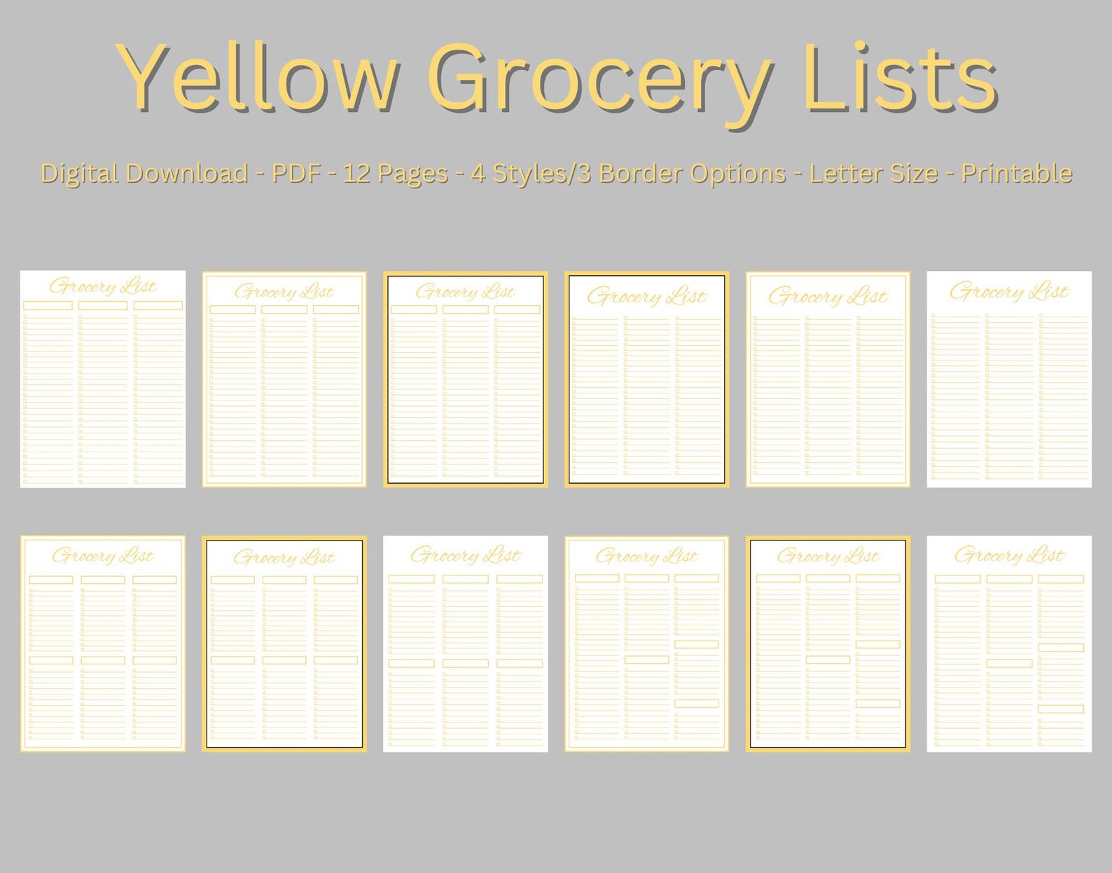 Printable Grocery Lists, Digital Download, 12 Pages, 4 Styles, 3 Border ...