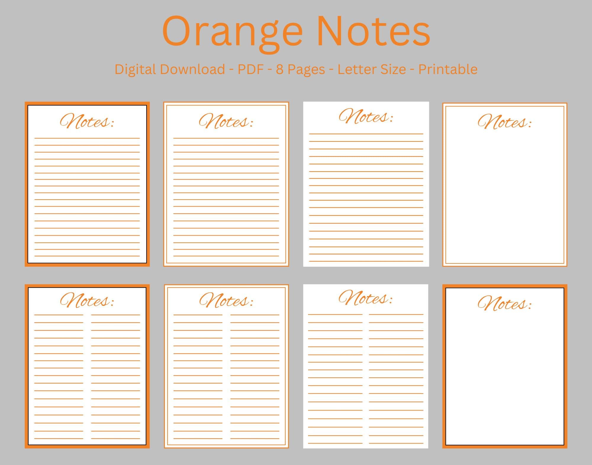Printable Note Pages, Digital Download, 8 Pages, 3 Styles, Orange - Etsy