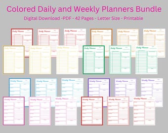 Colored Daily and Weekly Planners, 42 Printable Pages, Daily Planner, Weekly Planner, Minimalist Planners, Printable Daily Planner, PDF