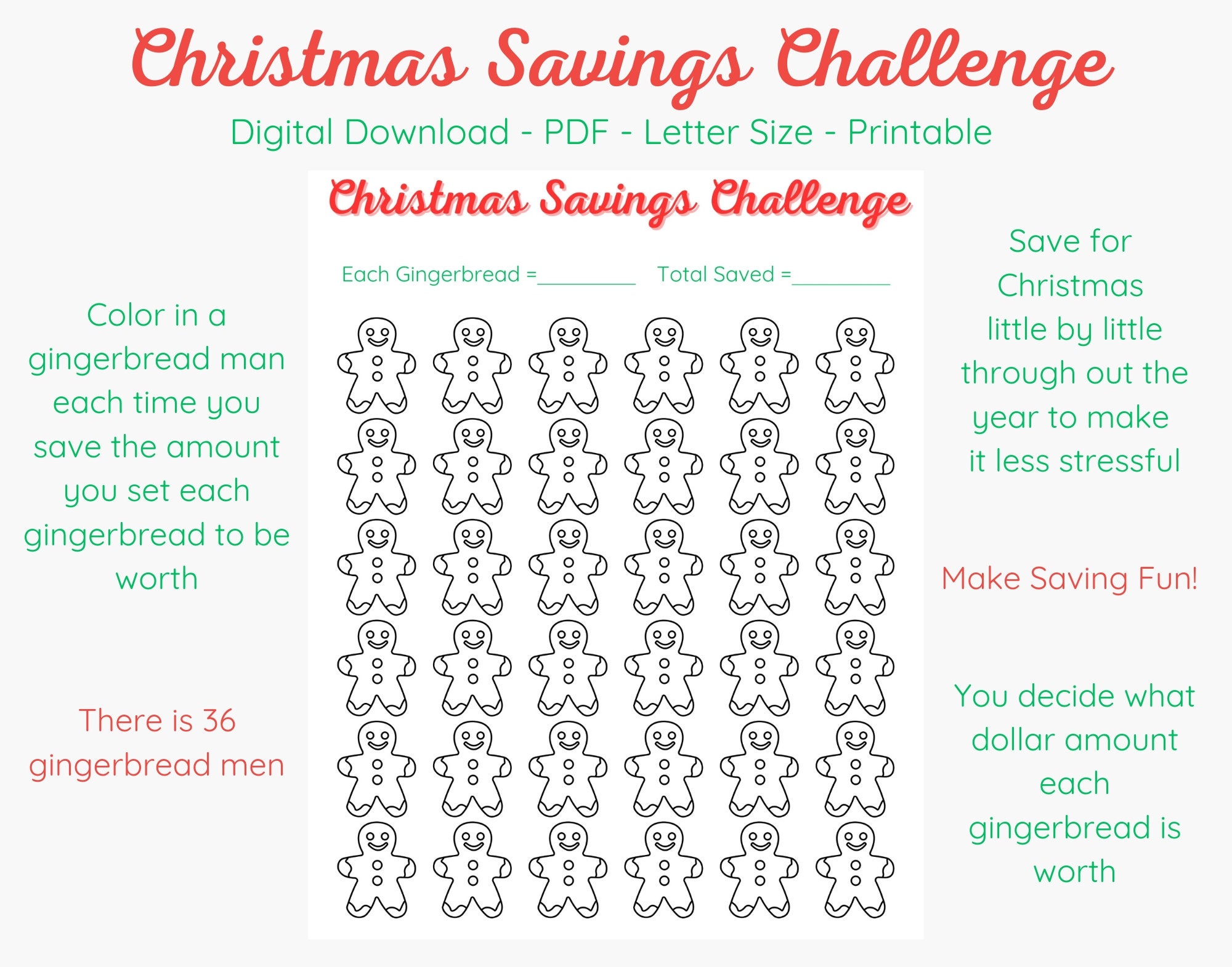 Christmas Savings Challenge, Printable, Digital Download, Gingerbread ...