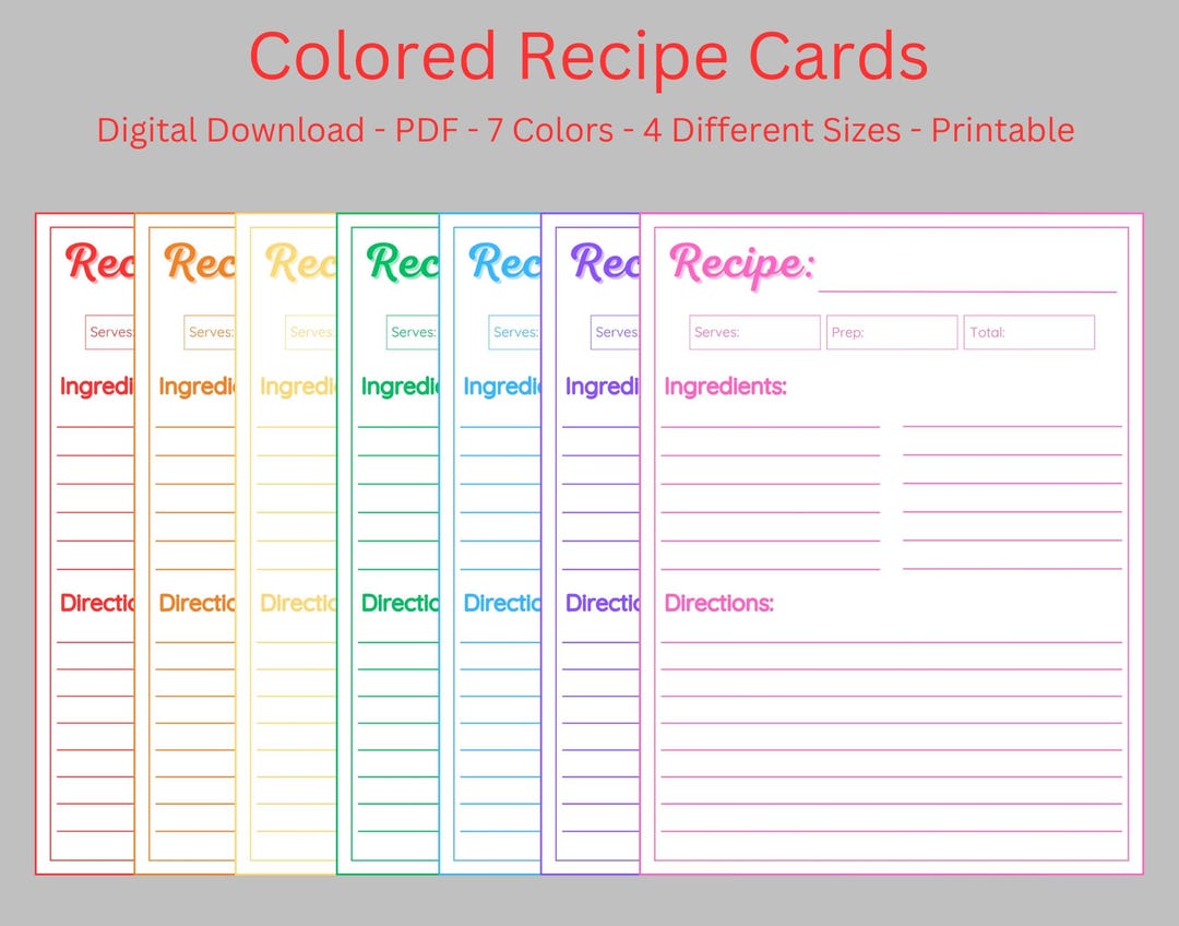 Printable Recipe Cards, Digital Download, 4 Sizes, 7 Colors - Etsy