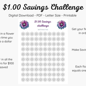 One Dollar Savings challenge, Printable, Digital Download, Printable One Dollar Savings Challenge, Savings Challenge, Save One Hundred, Save