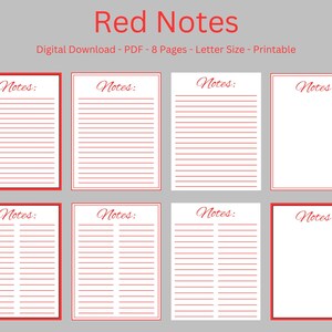 Op de afbeelding: Acht afdrukbare notitiepagina's met rode randen en het woord "Notes" in een cursief lettertype. De pagina's zijn wit met rode horizontale lijnen om op te schrijven. De titel "Red Notes" staat bovenaan.