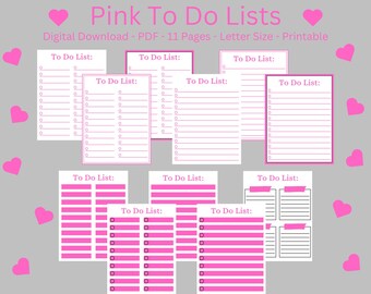 Printable To Do Lists, Digital Download, 11 Styles, Pink