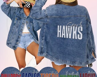 May include: Light blue denim jacket with "Coach HAWKS" printed on the back. The jacket is worn with denim shorts and a straw hat. Additional circular graphics display team names: Bulldogs, Eagles, Tigers, Wildcats, and Lions.