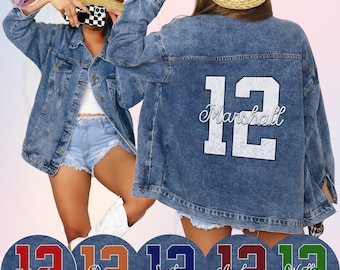 May include: Light blue denim jacket with the number 12 and the name "Marshall" on the back. The jacket is oversized and has a button-up front. Additional patches with the number 12 and names are shown in red, orange, blue, maroon, and green.