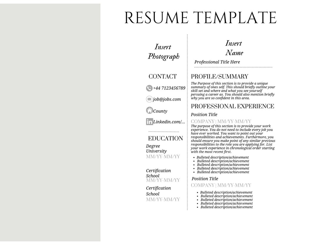 Minimal Resume Template, Modern Simple CV, Word, Googledocs, 1/2 Pages